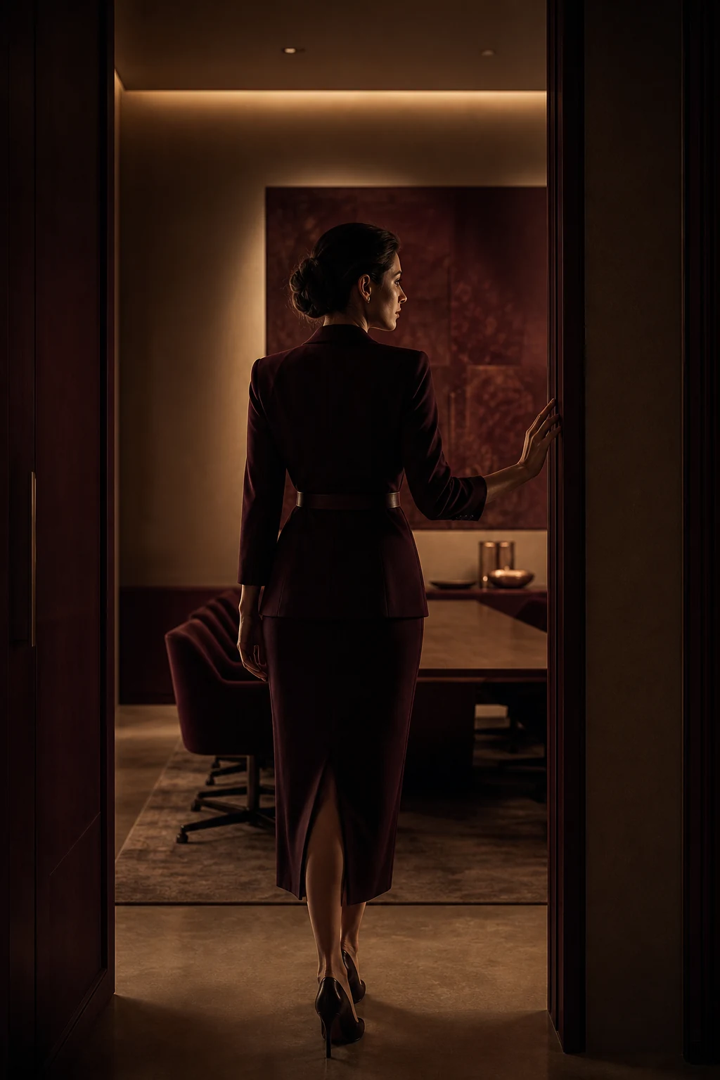 Mulher entrando em uma sala com postura e presença